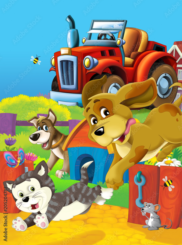 cartoon happy and funny farm scene with tractor - car for different tasks - illustration for children