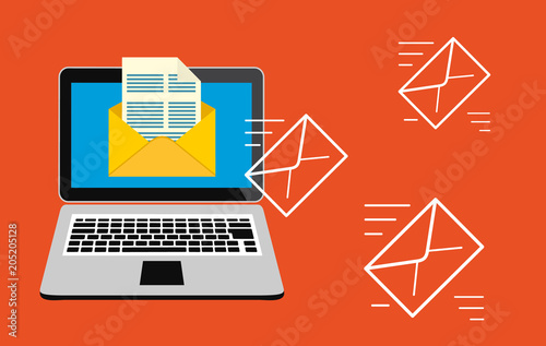 Email marketing, internet advertising concepts. Laptop with envelope and read email on screen. Vector illustration. Flat design.