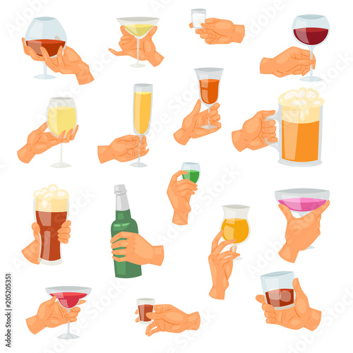 Beverage in hand vector drinking alcoholic cocktail tequila martini or nonalcoholic beer in mug illustration set of handing glass of drinkable alcohol isolated on white background