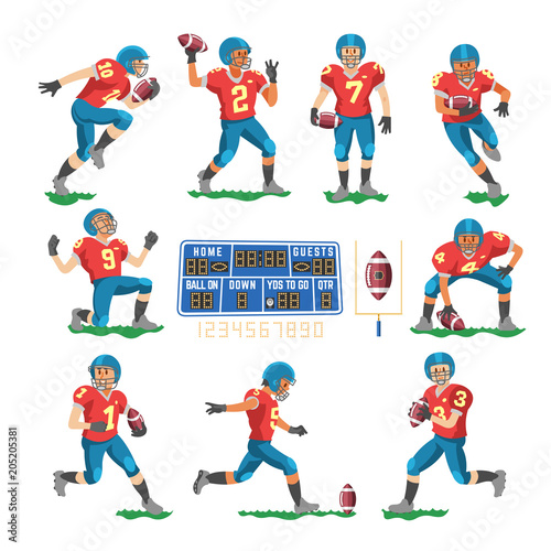 Soccer vector footballer or soccerplayer character in sportswear playing with soccerball on football pitch illustration set of sportsman in footballing clothes isolated on white background