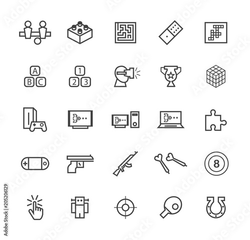 Set of Quality Universal Standard Minimal Simple Black Thin Line Games Icons on White Background 