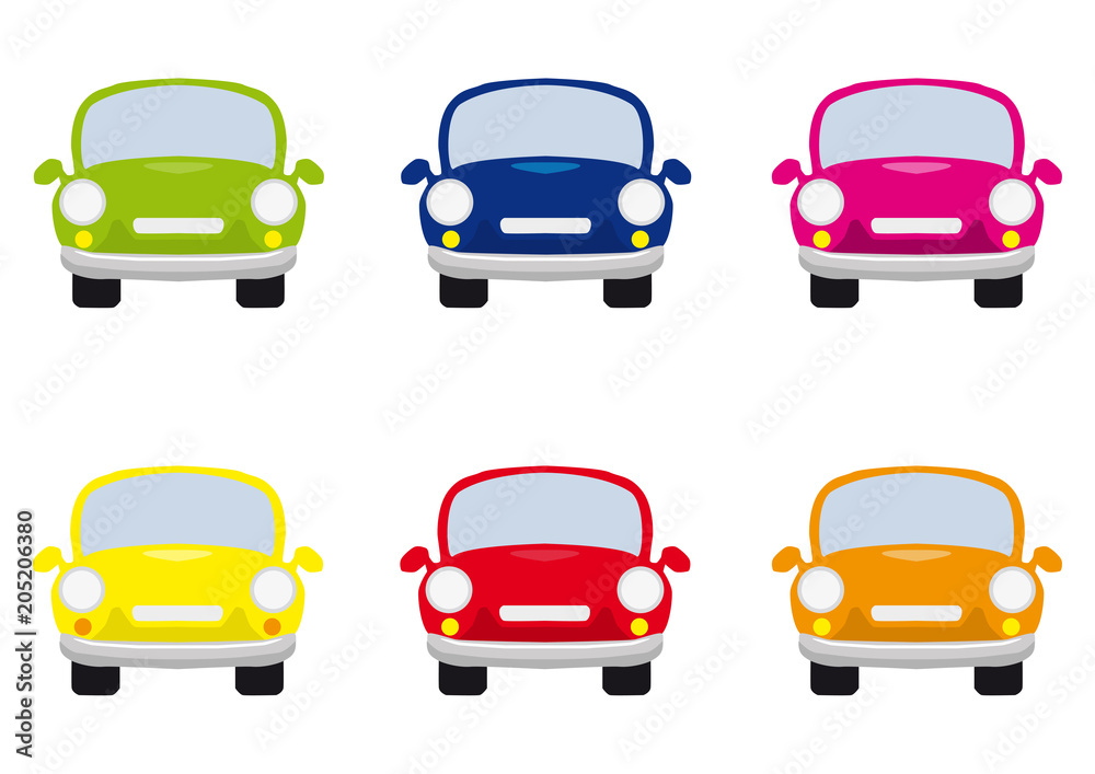 Colorful cars icons set, group of six roud vehicles in various colors isolated on white background