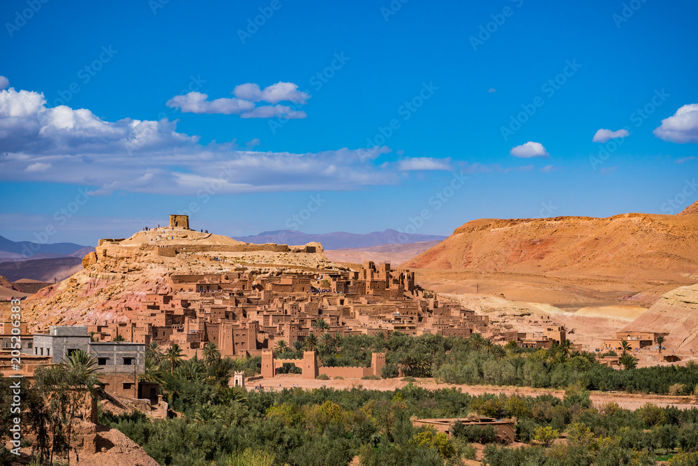 Ancient fortified village Ksar of Ait-Ben-Haddou or Benhaddou which is located along the former caravan route between the Sahara desert and Marrakesh