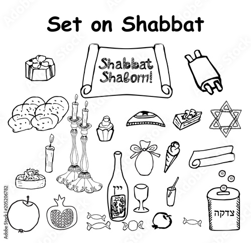 A set of graphic black and white elements on the Jewish holiday Shabbat. Doodle, lettering. Hand draw, sketch. Vector illustration on isolated background.