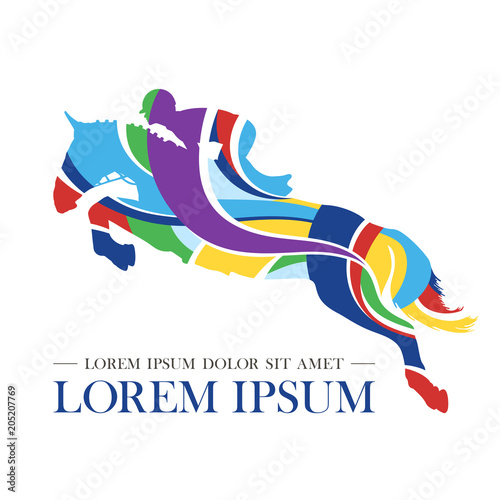 Silhouette of racing horse with jockey. Logo. Design icons. Equestrian sport. Jockey riding jumping horse. Poster. Sport. Vector Illustration.