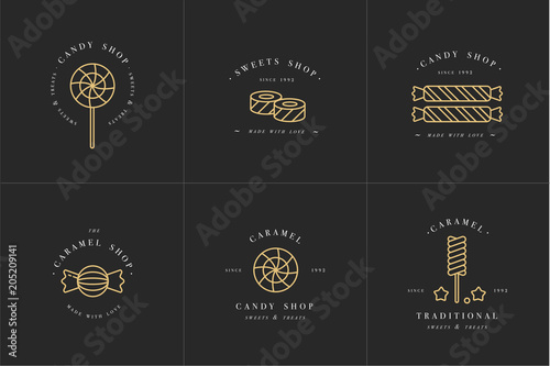 Vector set design golden templates logo and emblems - lollipops with sprinkles caramel candies. Different sweets icon. Logos in trendy linear style isolated on white background.