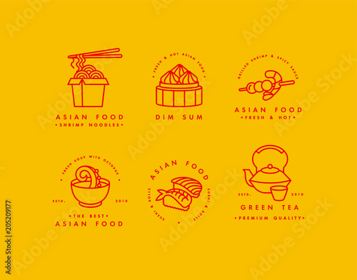 Vector set of logo design templates and emblems or badges. Asian food - noodles, dim sum, soup, sushi. Linear logos, golden and red