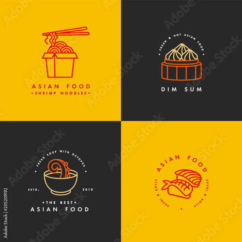 Vector set of logo design templates and emblems or badges. Asian food - noodles, dim sum, soup, sushi. Linear logos, golden and red