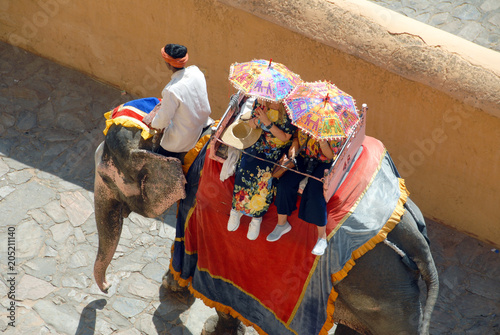 Fort d'Amber, touristes à dos d'éléphant, parapluies pour les protéger du soleil Rajasthan, Inde