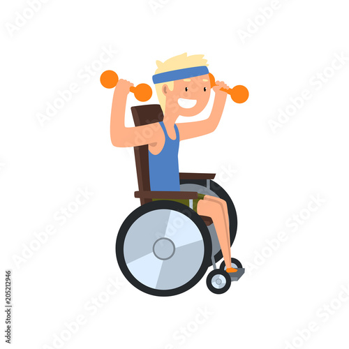 Disabled man in wheelchair exercising with dumbbells, medical rehabilitation, remedial gymnastics vector Illustration on a white background