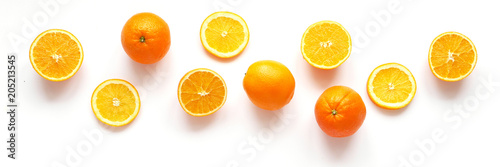 Creative flat layout of fruit  top view. Sliced orange isolated on white background.