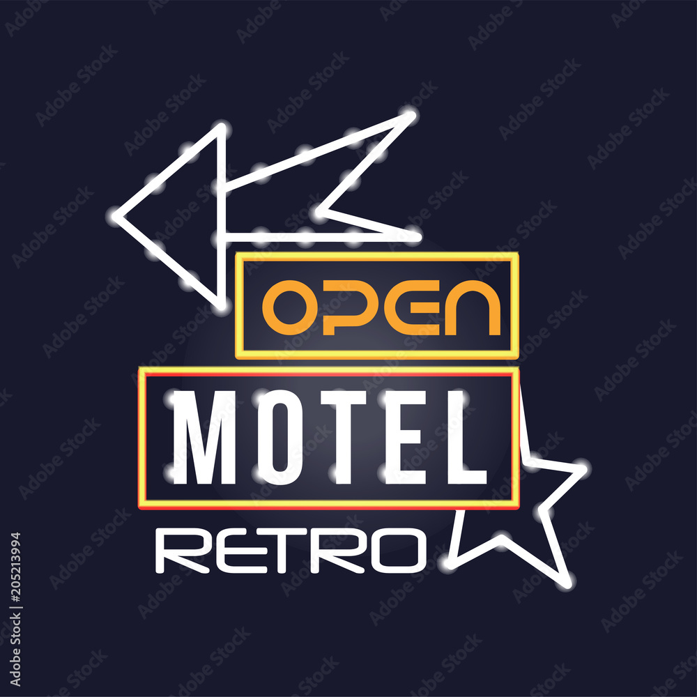 Retro motel neon sign, vintage bright glowing signboard, light banner vector Illustration