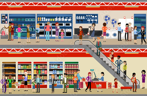 People in mall shopping center. Supermarket. Equipment and electronics