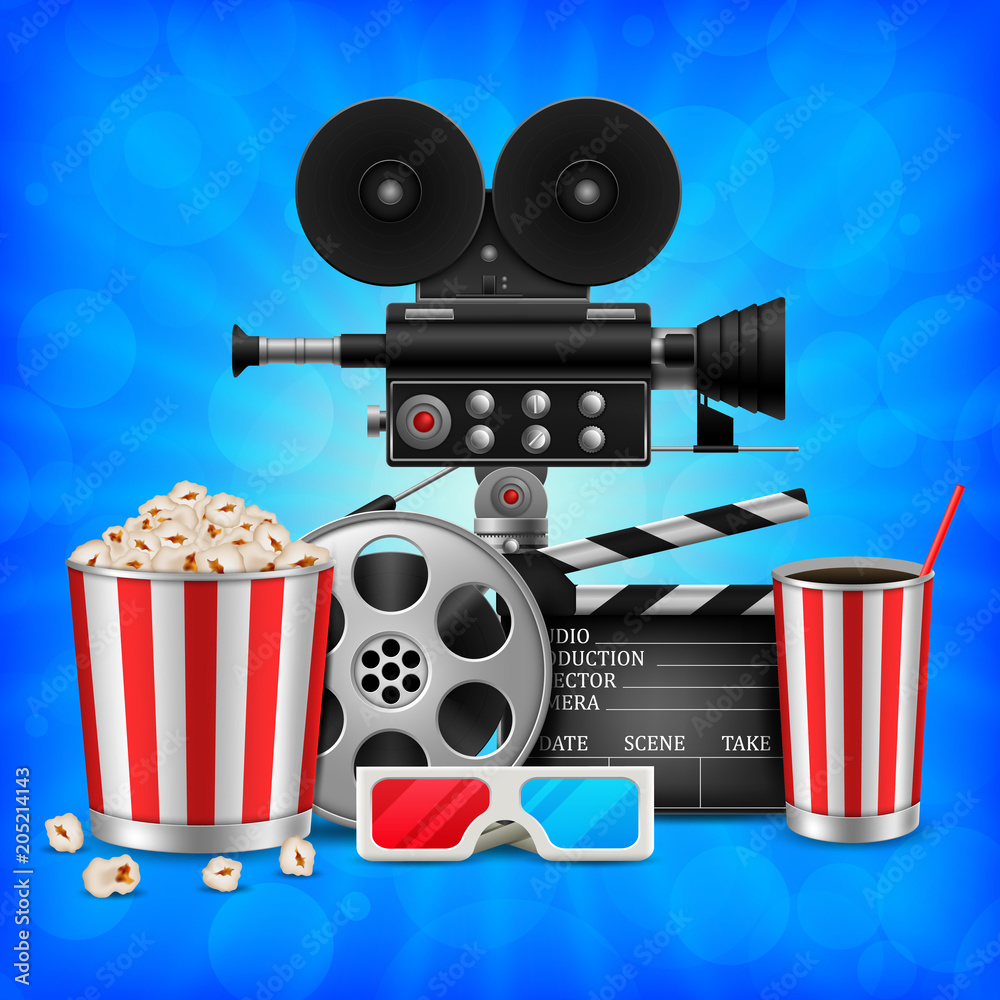 Cinema concept with movie theatre elements set of film reel, clapperboard,  popcorn, 3d glasses, camera. vector illustration Stock Vector