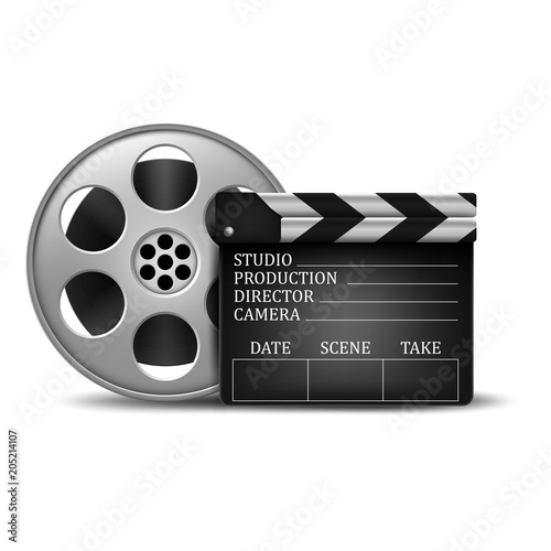 Clapperboard and a film reel. vector illustration