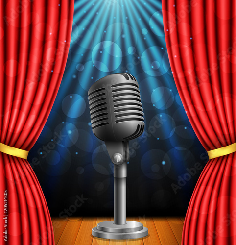 Stage with red curtians, microphone and spotlight. vector illustration