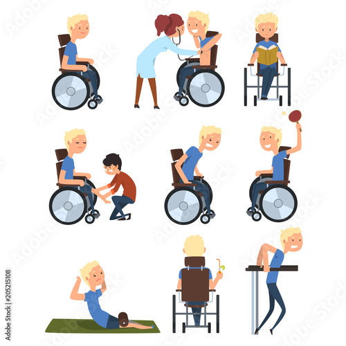 Man in wheelchair in different situations set, rehabilitation and active lifestyle of disabled people concept vector Illustration on a white background