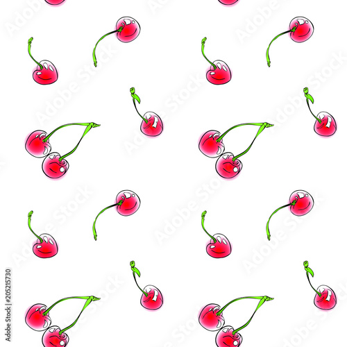 Seamless texture with pink red cherries on a white background. Hand-drawn vector pattern.