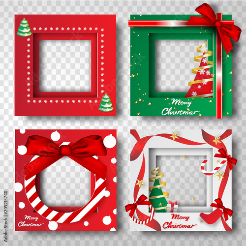 Merry Christmas and Happy new year border frame photo design set on transparency background.Creative origami paper cut and craft style.Holiday decoration gift card.Winter season vector illustration 