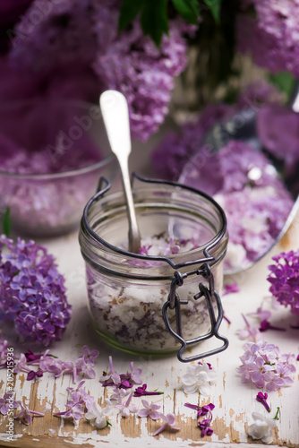 LILAC sugar in glass jar.Style vintage photo