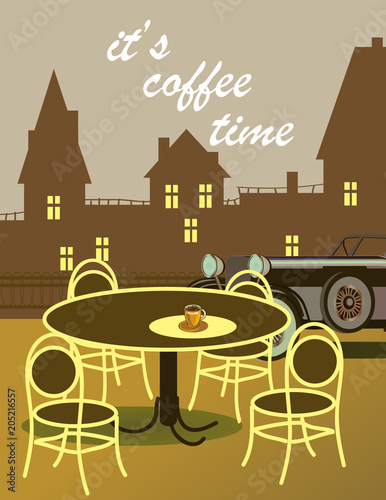 Vector poster with   spring evening in the park   . Typography card  image with lettering.  It s coffee time