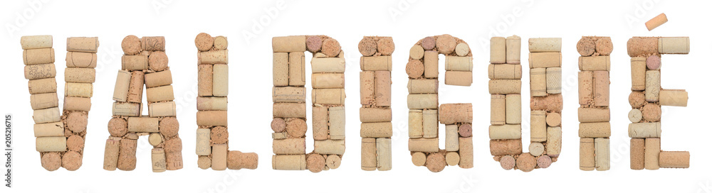 Grape variety Valdiguié made of wine corks Isolated on white background