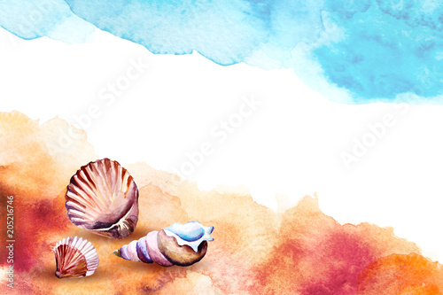Watercolor illustration of a sea shells on a beach.