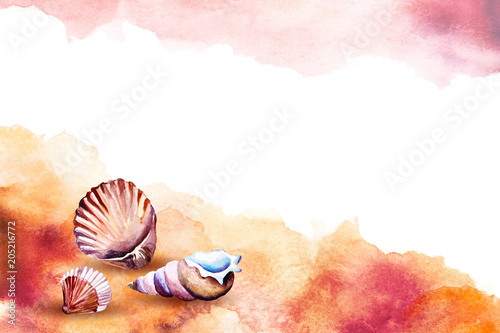 Watercolor illustration of a sea shells on a beach.