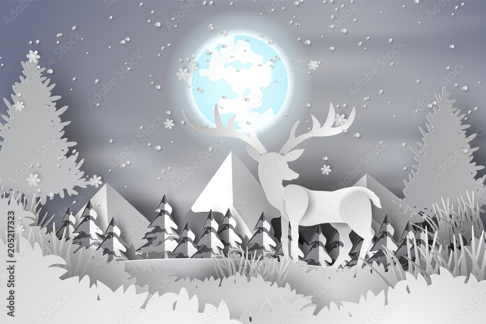 Paper art of deer in the forest lanscape snow with full moon,hill,vector