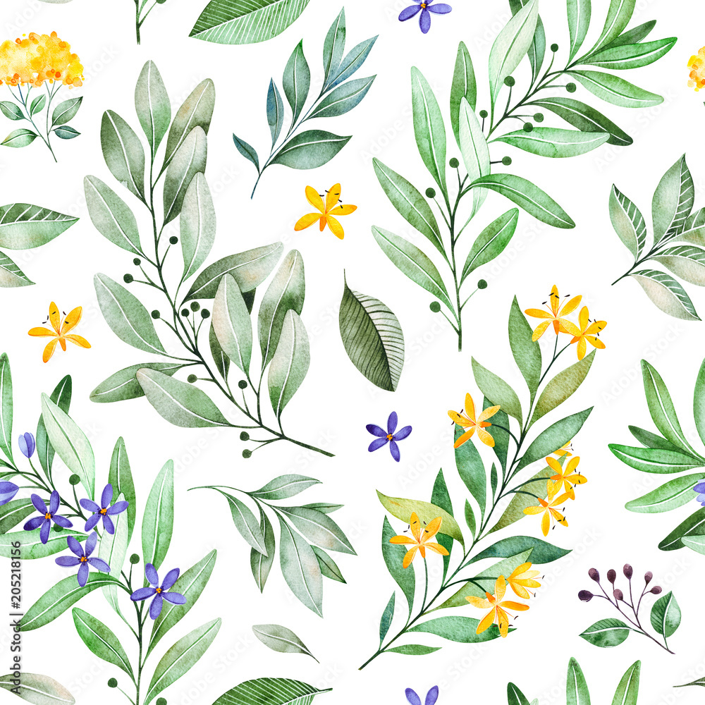 Watercolor leaves branch seamless pattern on white background. Texture ...