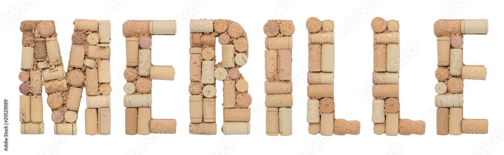 Grape variety Merille made of wine corks Isolated on white background