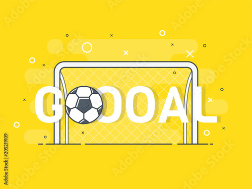Goal sign and football   soccer ball. Trendy flat vector on yellow background. Vector Illustration. 