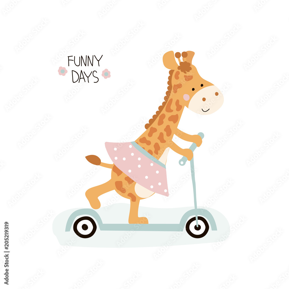 Fototapeta premium Cute little giraffe girl with kick scooter and lettering. Vector hand drawn illustration.