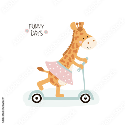 Cute little giraffe girl with kick scooter and lettering. Vector hand drawn illustration.