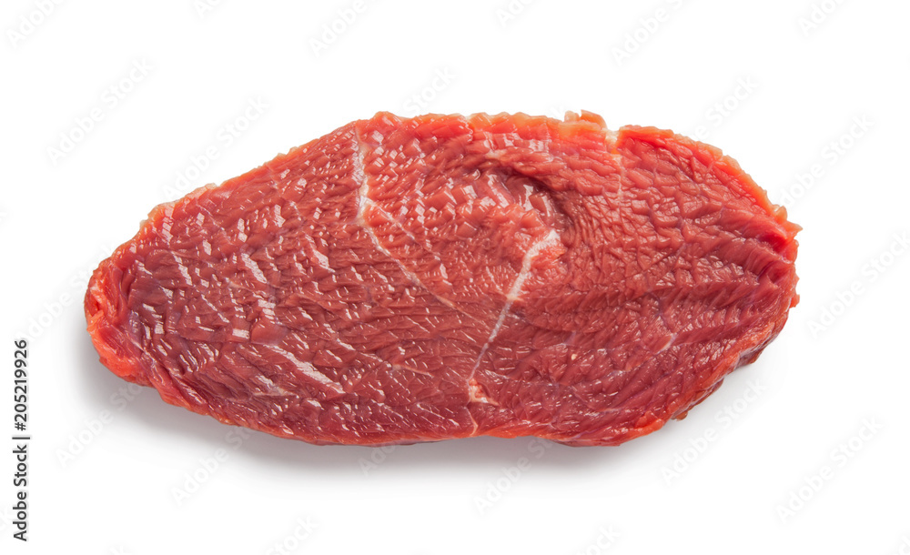 Fototapeta premium Raw beef meal slice, isolated on white background. Top view.