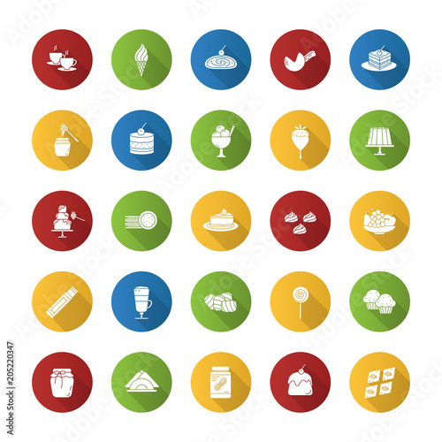 Confectionery flat design long shadow glyph icons set