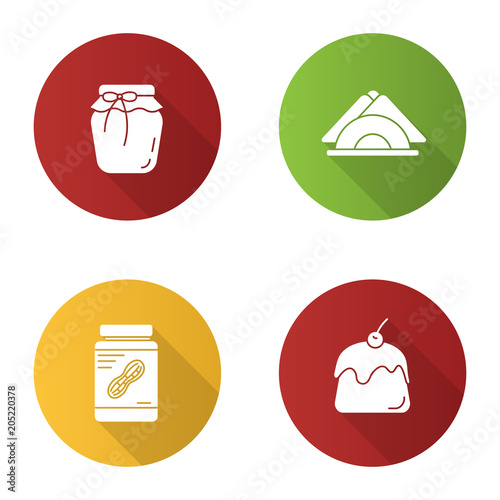 Condectionery flat design long shadow glyph icons set
