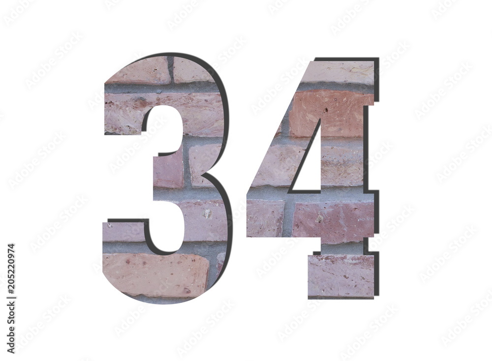 34 Number. Decorative red brick wall texture. English style. White isolated 34 Number. Decorative red brick wall texture. English style. White isolated