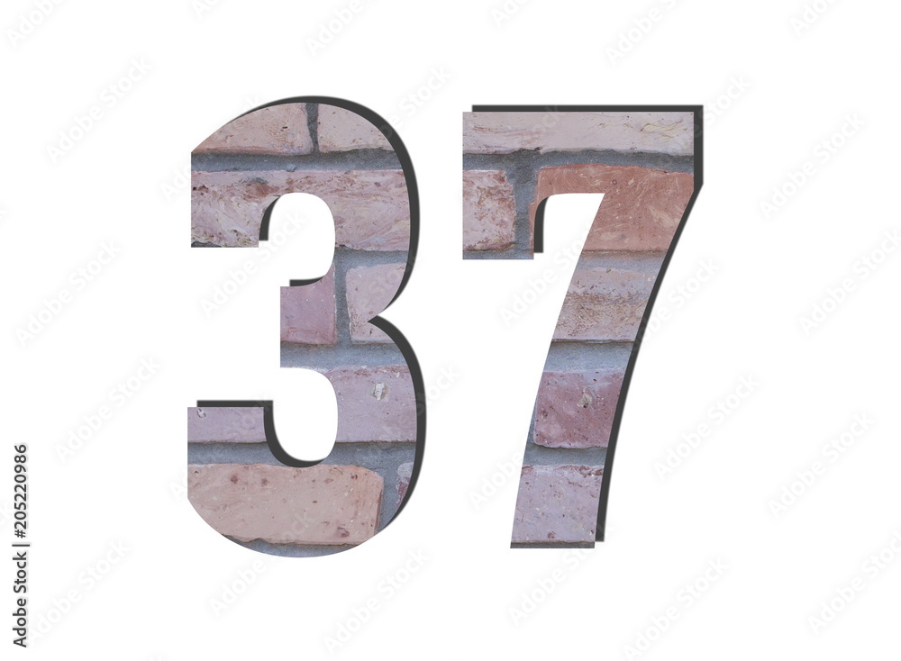 37 Number. Decorative red brick wall texture. English style. White isolated