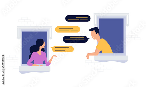 neighbors people character chat on the window, social network concept, flat illustration vector