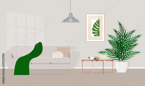The interior design is simple, cozy living room with sofa, coffee table. Vector flat illustration.