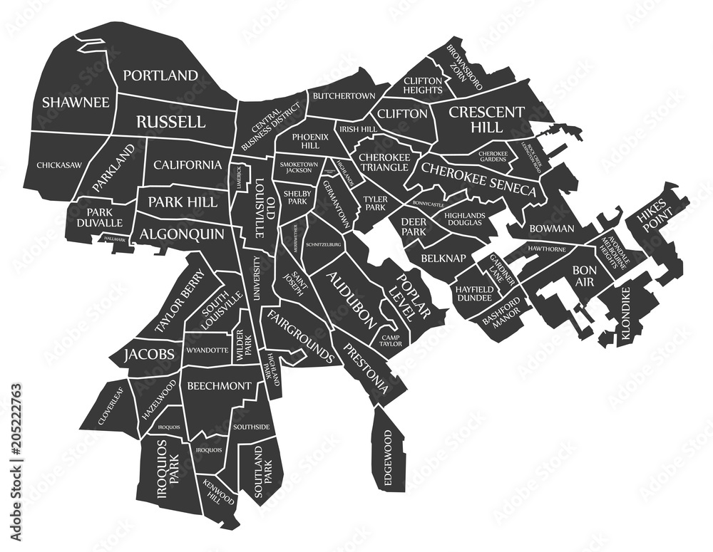 Louisville Kentucky city map USA labelled black illustration