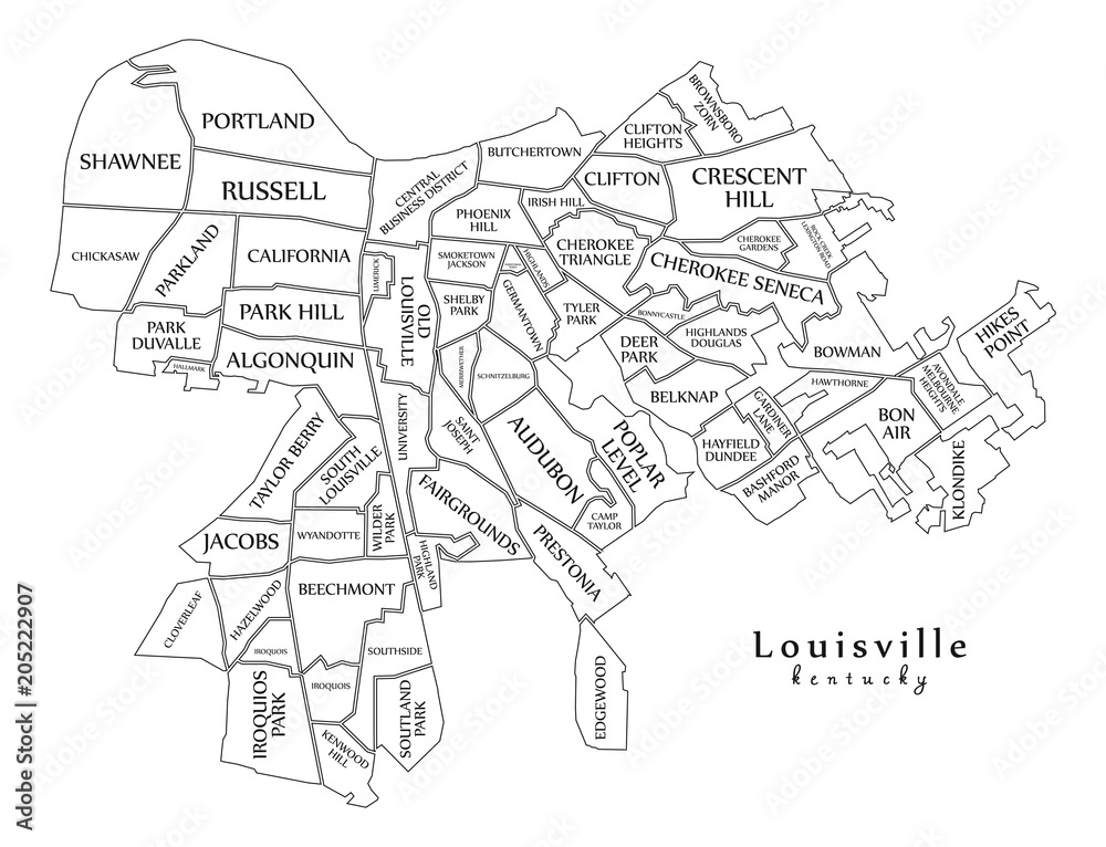 Modern City Map - Louisville Kentucky city of the USA with neighborhoods and titles outline map