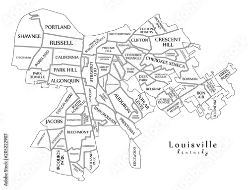 Modern City Map - Louisville Kentucky city of the USA with neighborhoods and titles outline map