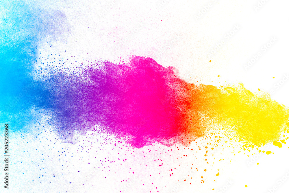 Multi color powder explosion on white background. Launched colorful dust particles splashing.