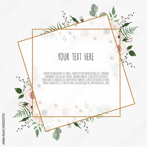 card with leaves and geometrical frame. Floral poster.
