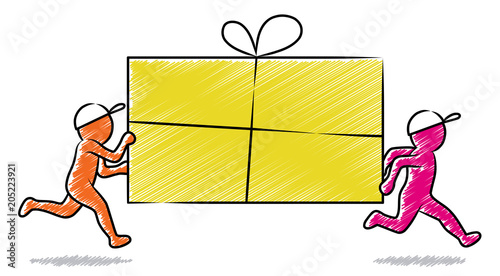 Schnelle Lieferung: Bunte Strichmännchen bringen großes gelbes Paket / Schraffierte Vektor-Zeichnung