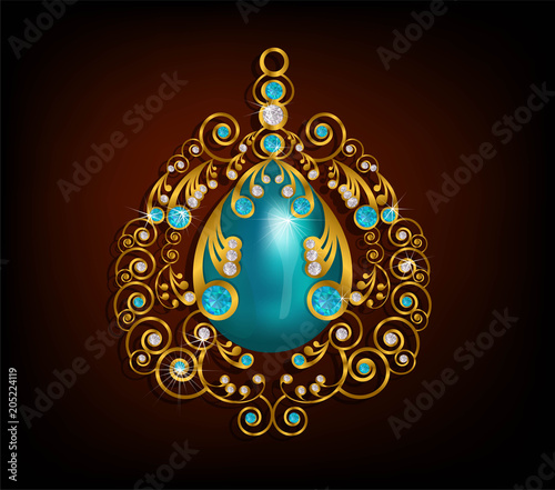 Pendant gold with turquoise stone ,blue and white diamond