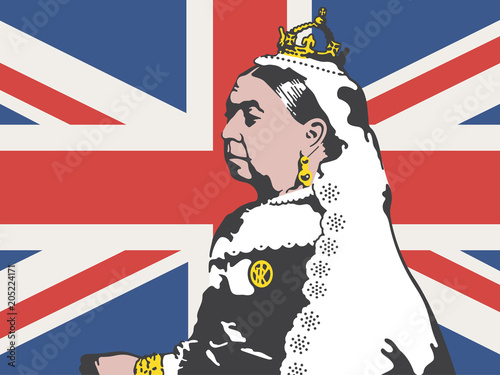 Queen Victoria Vector Illustration. Drawing of Victoria, the former queen of England against a background of the British Union Jack flag.