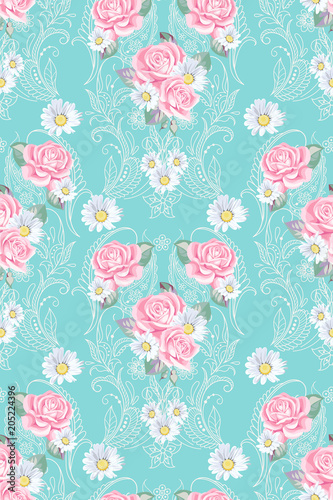 Seamless pattern with paisley and roses in Victorian style
